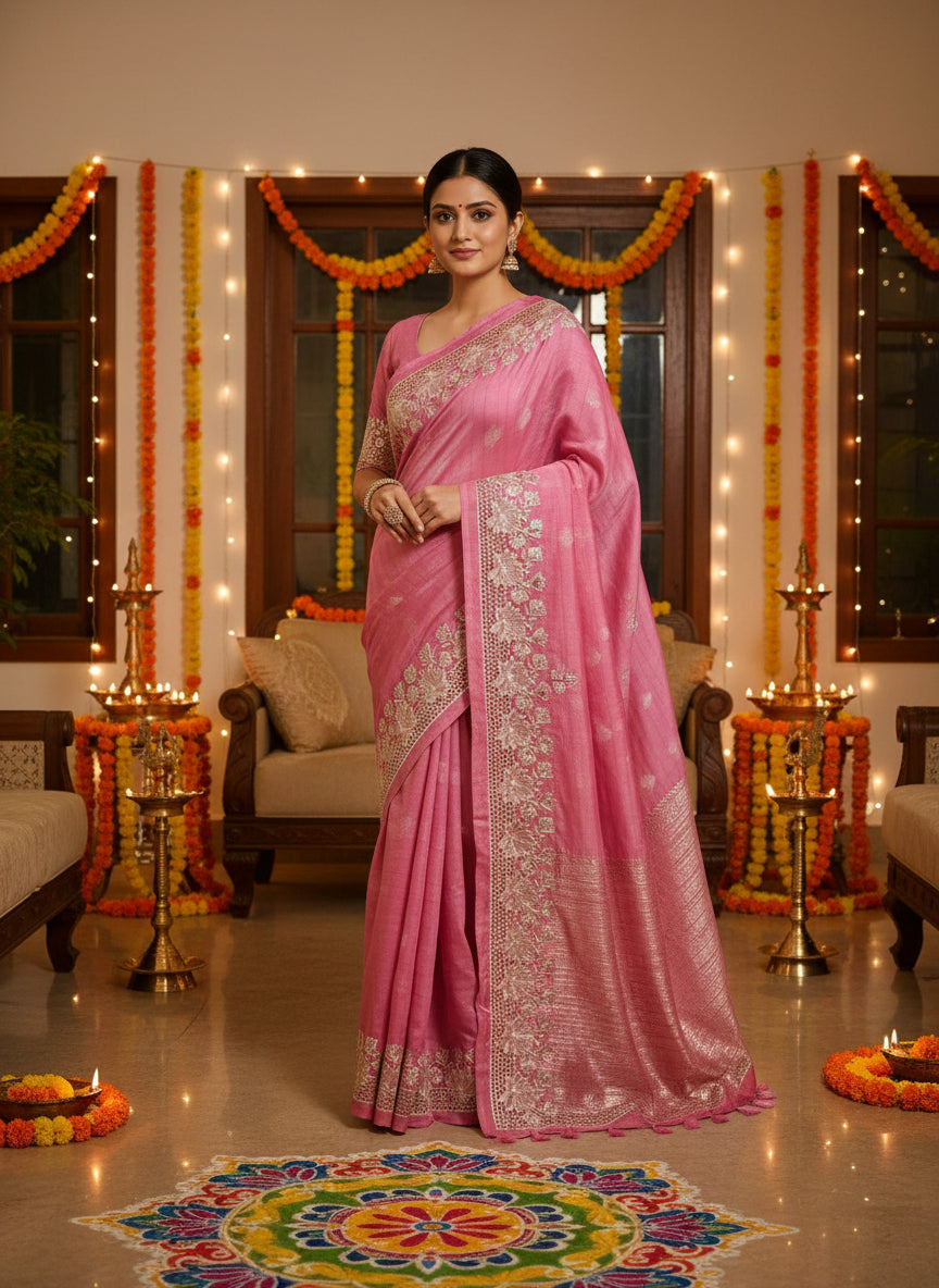 Leaf cut work pink embriodery saree