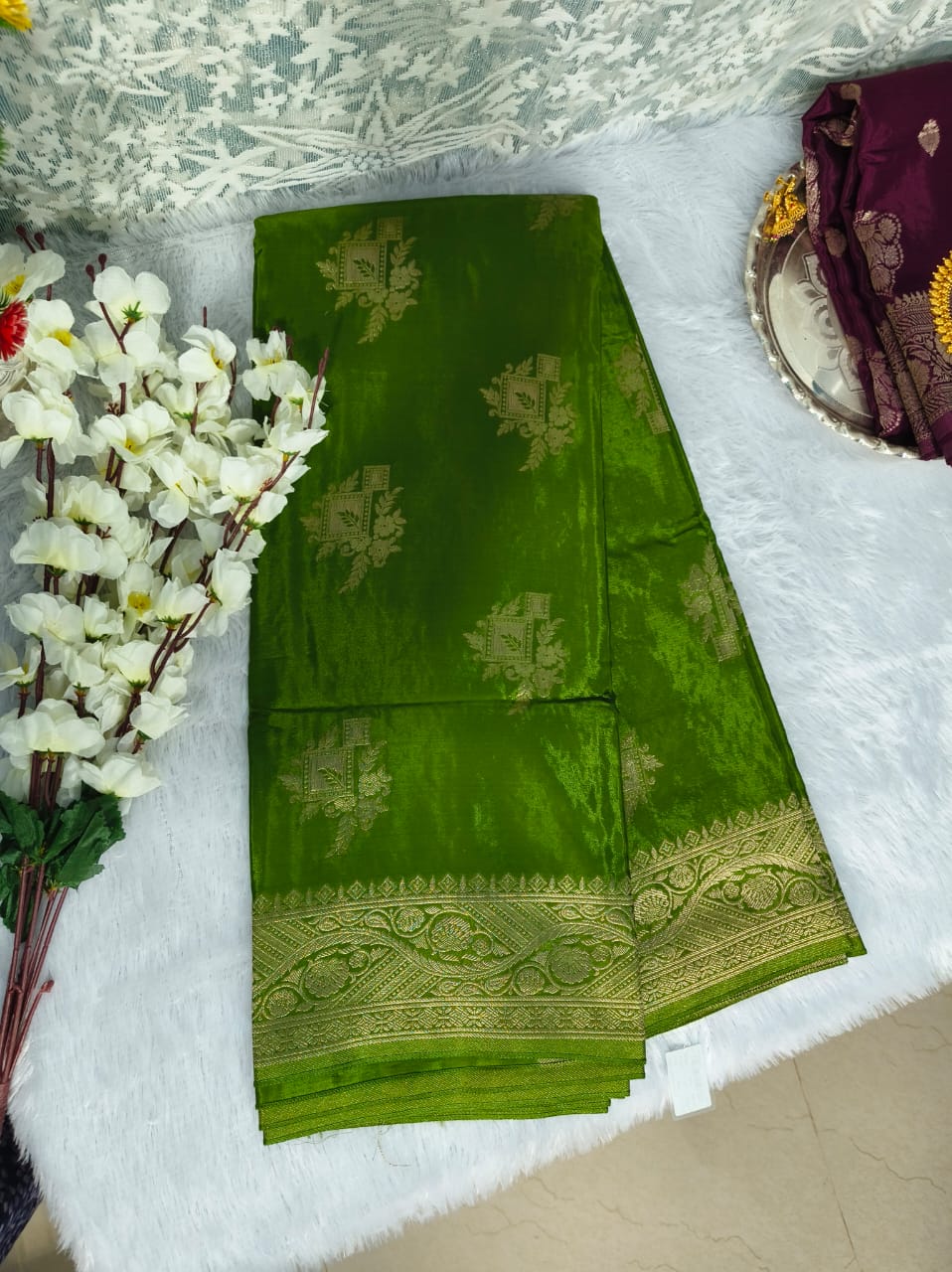 Green pure chinnon silk buta