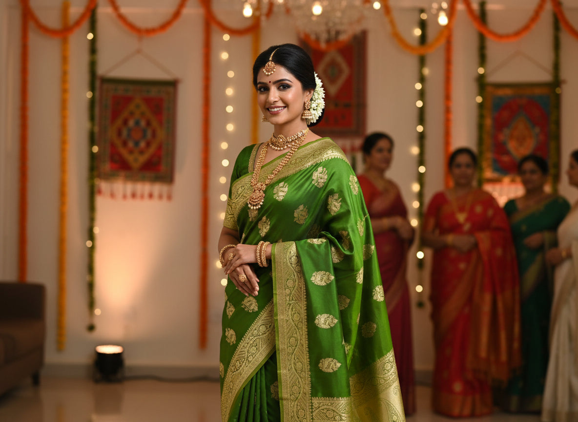 Green pure chinnon silk buta