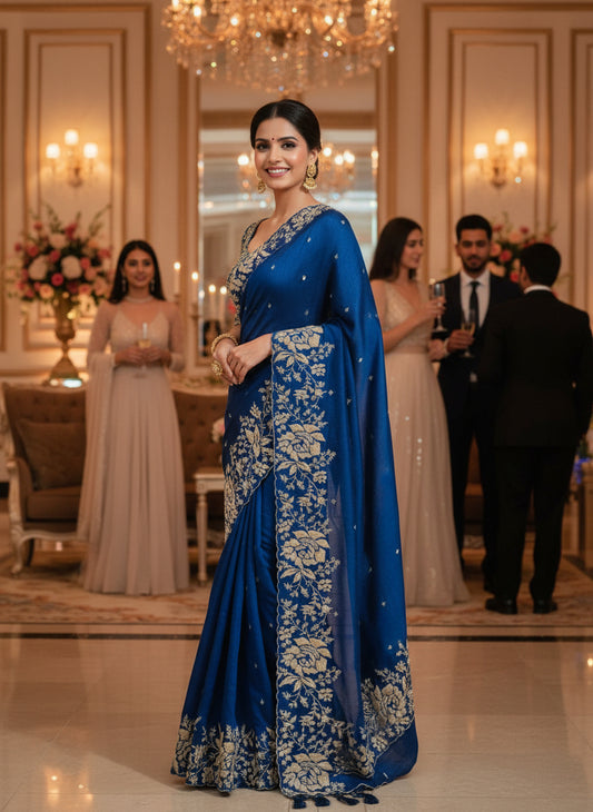 premium blue party wear cutwork crape silk