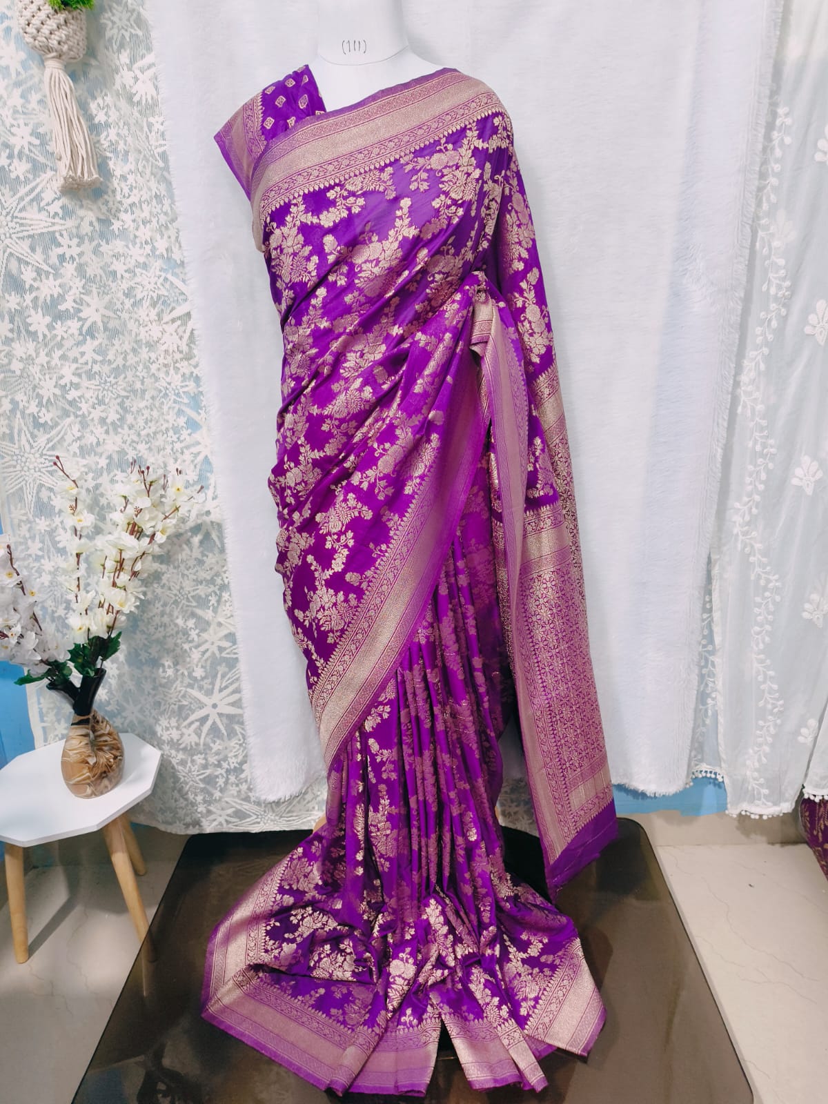 Purple semi banarasi khaddi georgette saree