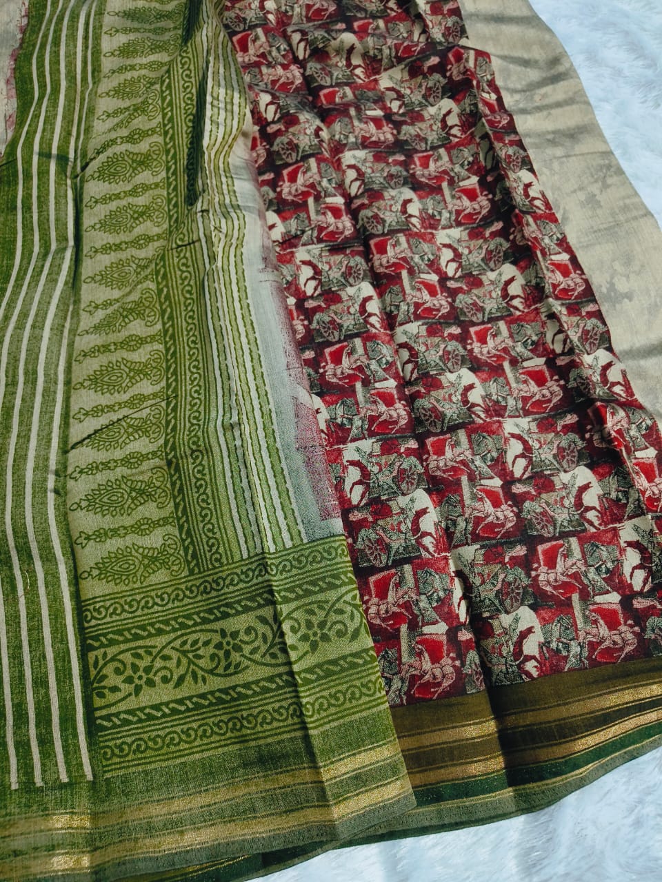 green and beige color weaving traditional saree