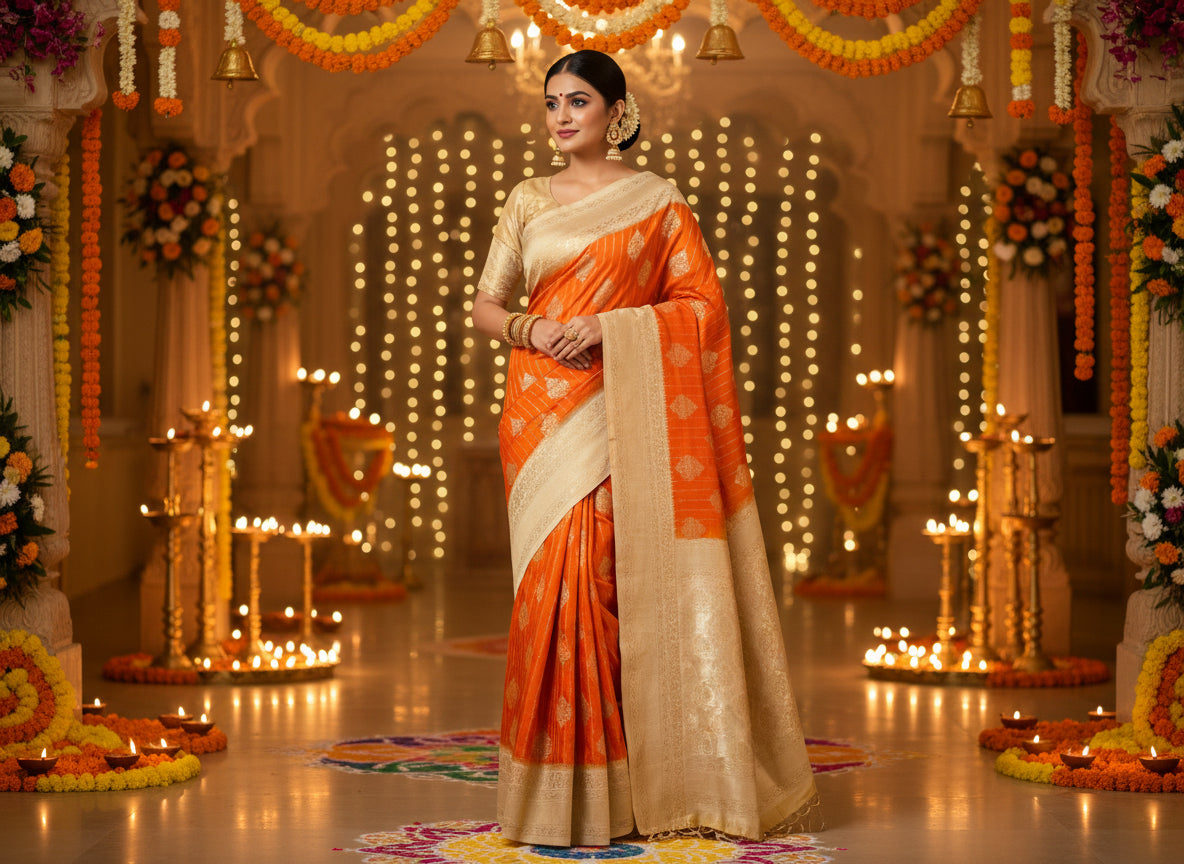 Banarasi contrast zari woven orange saree